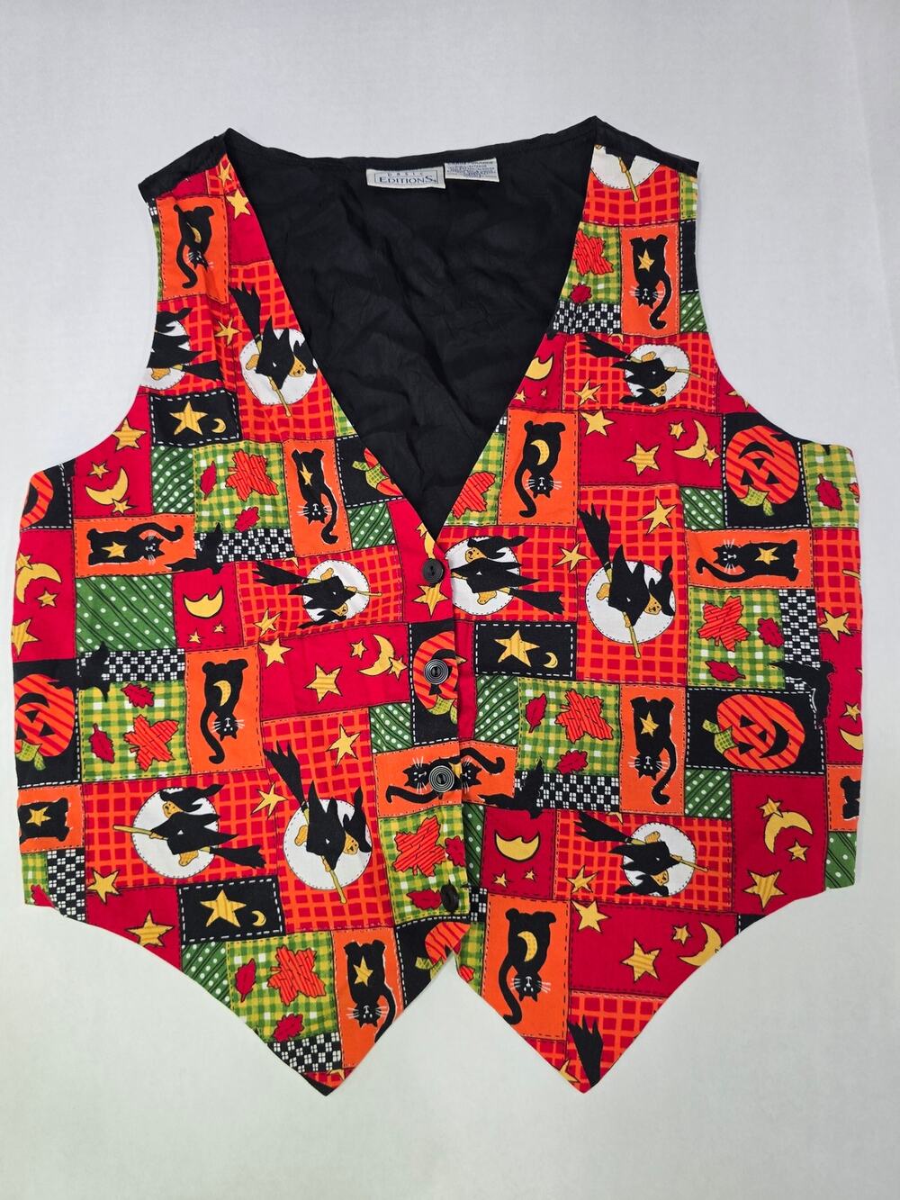 Vintage Halloween Vest Black Cat Witch Pumpkin Patchwork Fall Large 90s Y2K